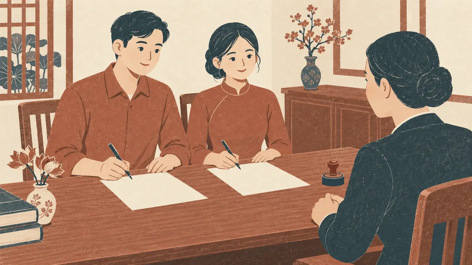 Đôi trai gái ký giấy tờ đăng ký kết hôn trước bàn cán bộ hộ tịch