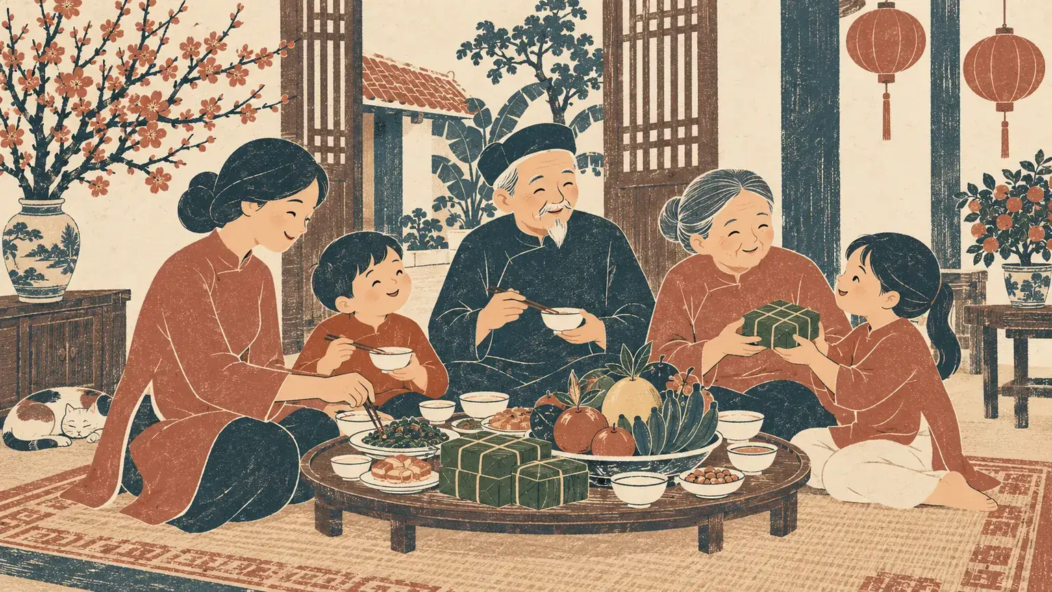Gia đình ba thế hệ quây quần bên mâm cơm ngày Tết có bánh chưng, mâm ngũ quả và cành đào