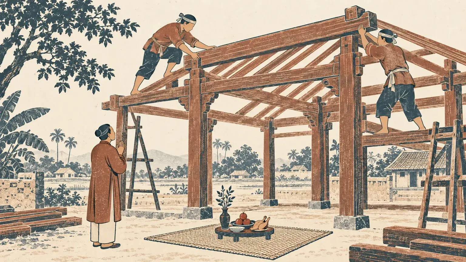 Thợ mộc dựng khung mái gỗ trong lễ cất nóc, gia chủ chắp tay đứng cạnh mâm lễ