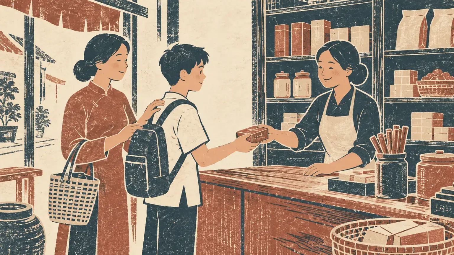 Thiếu niên mua đồ ở quầy tạp hoá, người mẹ đứng sau đặt tay lên vai