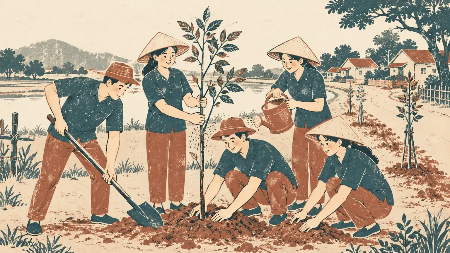 Nhóm thanh niên tình nguyện đội nón đang trồng cây ven đường làng