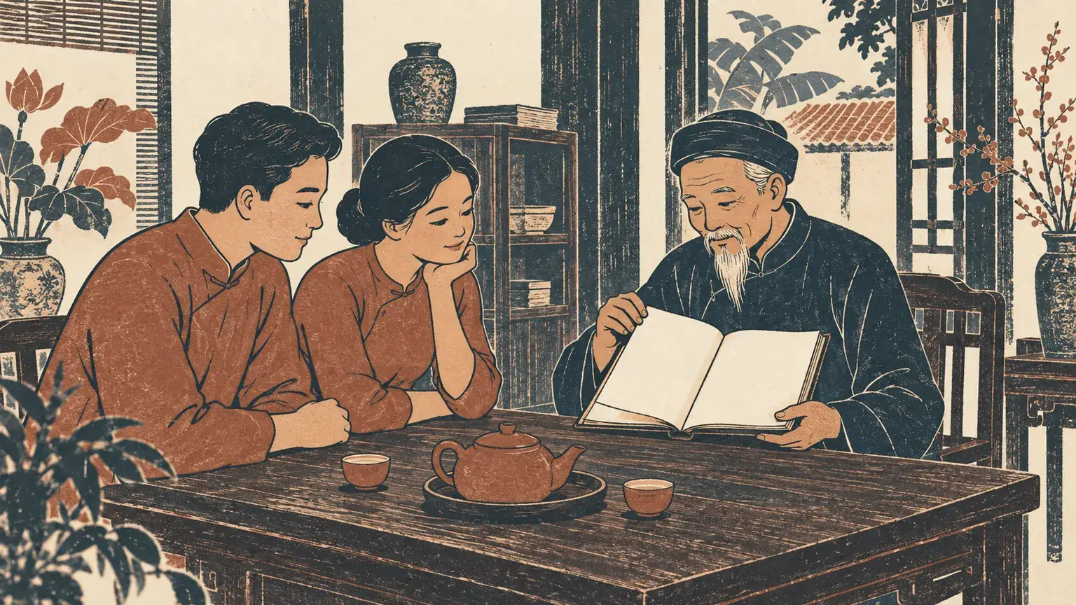 Cụ ông lật cuốn sách cũ xem tuổi cho đôi trai gái ngồi bên bàn trà